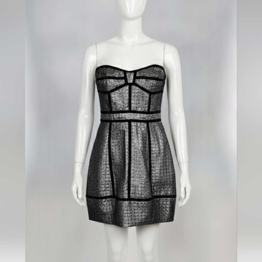 Laundry by Shelli Segal Metallic Silver Strapless Cocktail Party Dress Sz 8